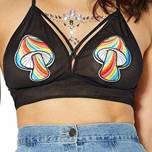 NWT Spencer's Black Mesh Bralette with Rainbow Mushroom Design